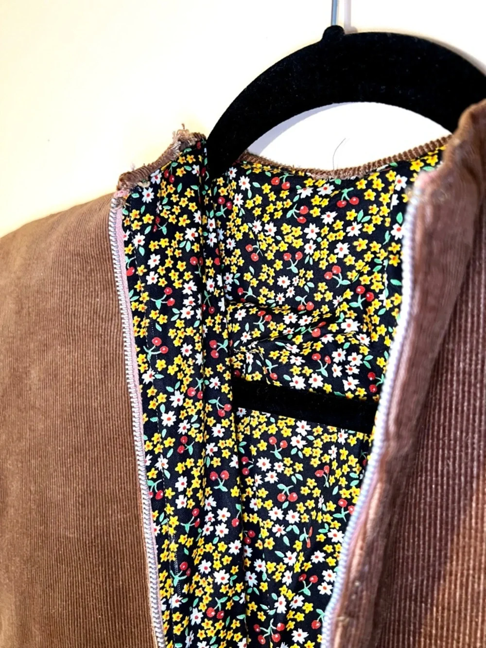Corduroy Garment Storage Bag in Brown Corduroy with calico/floral lining